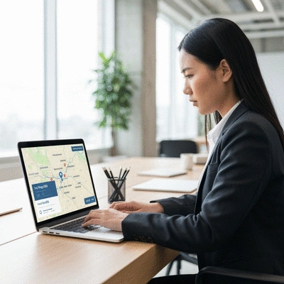 Person working on a laptop, displaying local SEO strategy with maps and keywords for Arlington, Texas, in a modern office setting, no text, no words, no typography, clean image