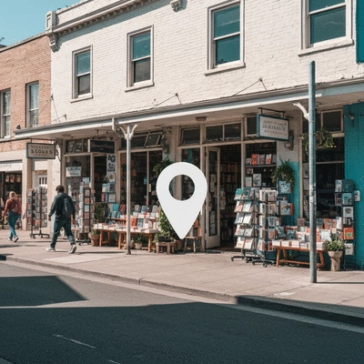 Local storefront with a Google Maps pin icon overlaid