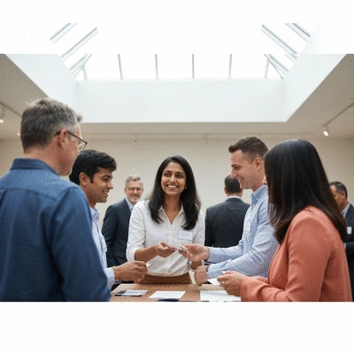 Local business owner networking at a community event, exchanging business cards, with a diverse group of people in the DFW area, representing local connections