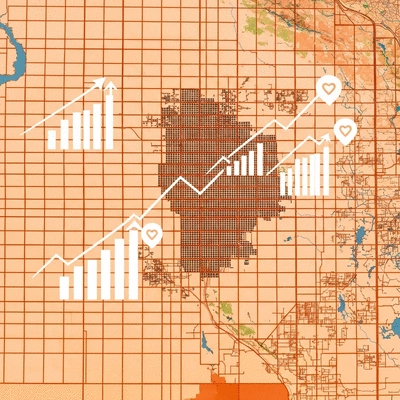 Stylized map of Dallas-Fort Worth with business growth icons