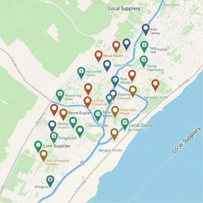 Detailed map showing local businesses with pinpoints, illustrating local SEO success for stone suppliers, no text, no words, no typography, clean image