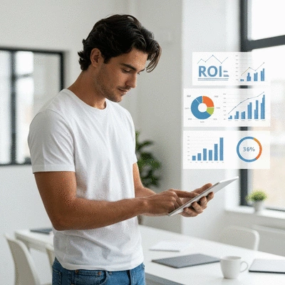Local business owner reviewing ROI metrics on a tablet, with charts and graphs