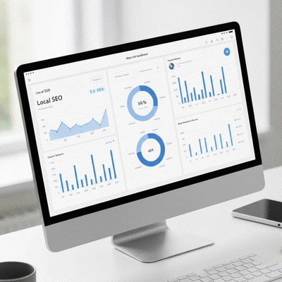 Digital marketing analytics dashboard showing local SEO performance metrics, charts, and graphs, clean image