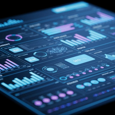 Futuristic digital interface showing SEO trends and data, symbolizing evolving technology, clean and modern, no text, no words, no typography, clean image