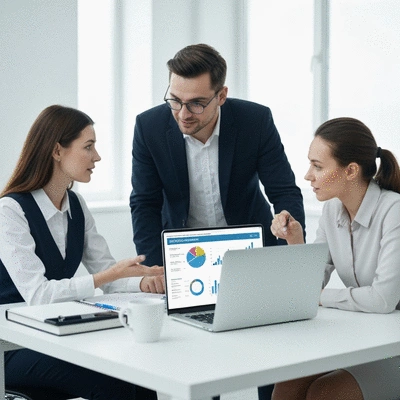 Two business professionals discussing SEO strategy with charts and graphs on a laptop, modern office, no text, no words, no typography, 8K