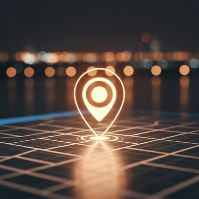 Stylized map pin icon on a digital map, representing local search and SEO