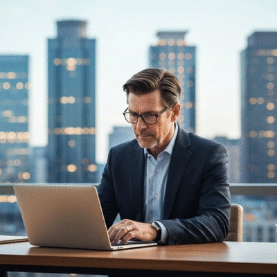 DFW business owner reviewing SEO strategy on a laptop with city skyline in the background