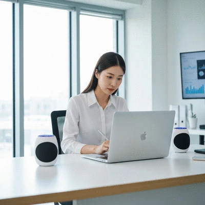Local business owner working on laptop in a modern office