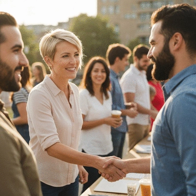Local business owner networking at a community event