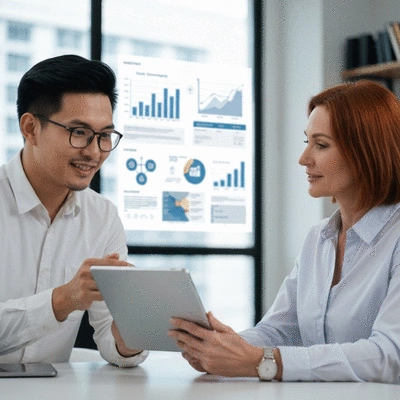 Professional SEO consultant explaining strategy to small business owner on a tablet, with graphs and data in the background, no text, no words, no typography, 8K