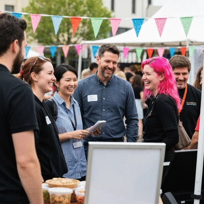 Diverse group of local business owners networking at a community event