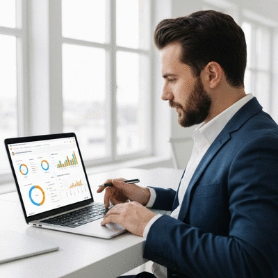 Business owner reviewing Google My Business analytics on a laptop, showing charts and data, clean image, no text, no words, no typography, 8K