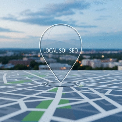 Map pin icon over a city map, illustrating local SEO targeting