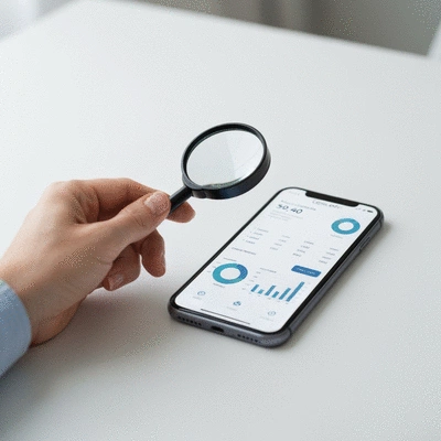 Hand holding a magnifying glass over a smartphone displaying local SEO metrics, clean image