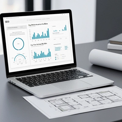 Modern workspace with laptop displaying SEO analytics and a blueprint, symbolizing tailored SEO for home builders