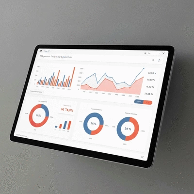Digital interface displaying a graph and charts with metrics, representing interactive tools and continuous optimization for SEO, no text, no words, no typography