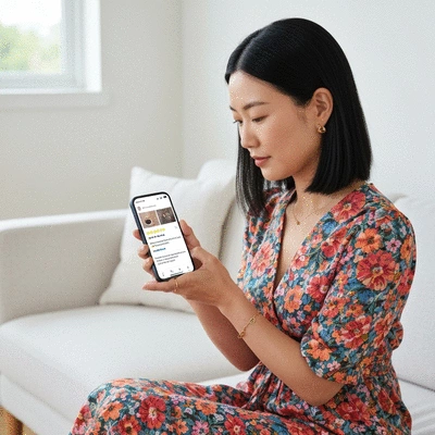 Person using a smartphone to read Google reviews for a local business, showing star ratings and positive comments, in a bright, modern setting, no text, no words, no typography, 8K, clean image