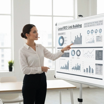 Professional showing a local SEO link building strategy on a digital board