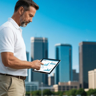 Contractor using a tablet to review SEO analytics with a city skyline in the background