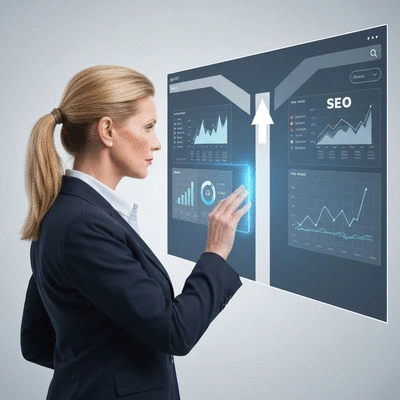 Business professional making a decision between two paths on a digital interface, representing DIY vs Managed SEO, clean and modern aesthetic, no text, no words, no typography, 8K