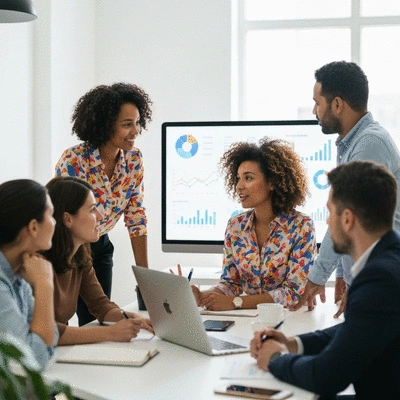 Team of professionals discussing SEO strategies in a modern office, charts and graphs visible, no text, no words, no typography, clean image