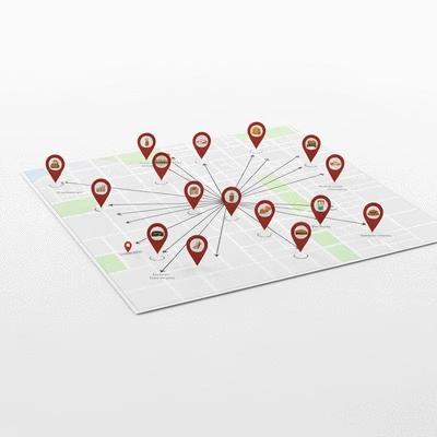 Detailed map with pins showing local business locations and SEO strategy elements