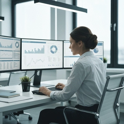 SEO Expert analyzing data on multiple screens in a modern office, showing graphs and charts, professional and focused, no text, no words, no typography, clean image