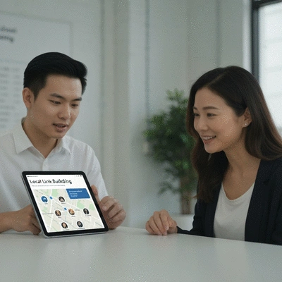 Professional demonstrating local link building strategy on a tablet to a small business owner, showing local connections and community growth, clean image, no text, no words, no typography, 8K