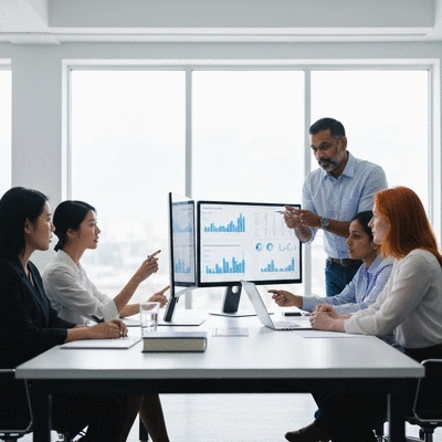 Modern office setting with a diverse team collaborating around a table, analyzing data on screens, representing resource allocation and performance measurement, no text, no words, no typography