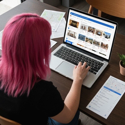 Overhead shot of a person using a laptop with local business listings on the screen, surrounded by maps and local directories, no text, no words, no typography, 8K