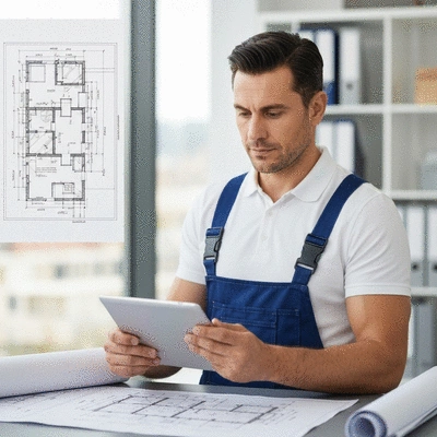 Professional stone builder reviewing customer feedback on a tablet, with a blueprint in the background, clean image, no text