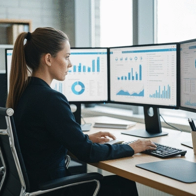 Professional SEO consultant analyzing website data on multiple screens in a modern office