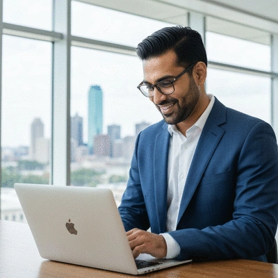 Business owner reviewing mobile SEO strategy on a laptop, with Dallas-Fort Worth skyline in background