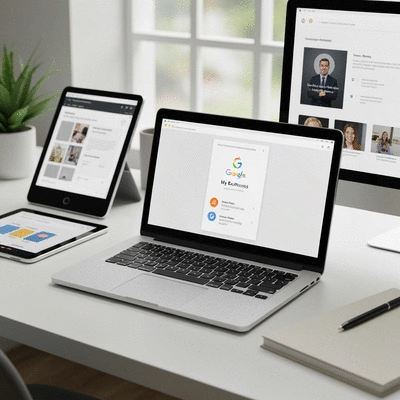 Laptop displaying a Google My Business profile with accurate NAP information, surrounded by other digital devices