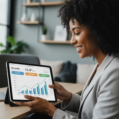 Local business owner in Arlington, Texas, reviewing growth charts on a tablet, showing increased foot traffic and sales, professional setting, no text, no words, no typography, clean image