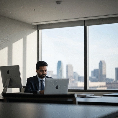 Business owner engaging with online reviews on a laptop, showing DFW city skyline in background