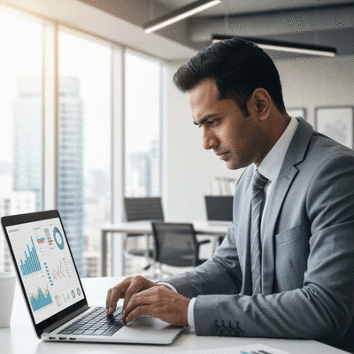 SEO consultant analyzing data on a laptop, professional setting