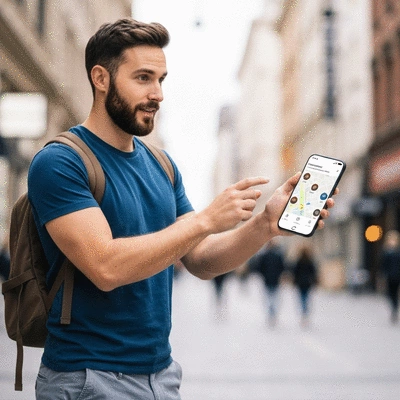Person using a smartphone to search for local businesses, with a focus on mobile optimization