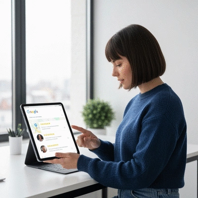 Modern business owner using a tablet to manage their Google Business Profile, with a map showing their location and customer reviews