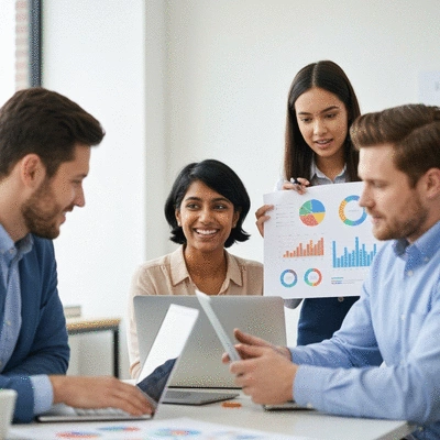 Professional team collaborating on local SEO strategy for an Arlington business, showing laptops and charts.
