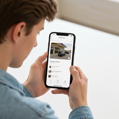 Person using a smartphone to navigate Google Maps, showing a local business listing, clean image, no text, no words, no typography, 8K