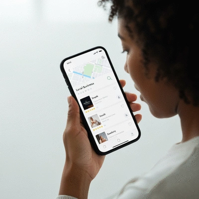 Person using a smartphone to search for local businesses, with a map and business listings on the screen, clean image
