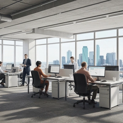 Modern office space with people working on computers, DFW skyline in background