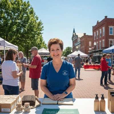 Small business owner actively participating in a local community event, engaging with people and promoting their brand, with local landmarks in the background