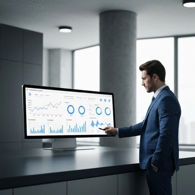 Businessman analyzing reputation management metrics on a dashboard, with charts and graphs, clean image, no text