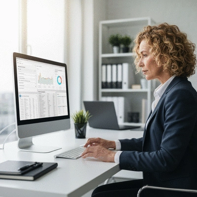 Professional using a computer to analyze backlink data, showcasing link building tools
