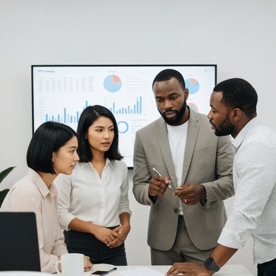 PPC agency team collaborating on ROI optimization with charts on a screen