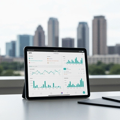 Professional showing SEO data on a tablet, with Arlington TX skyline in the background